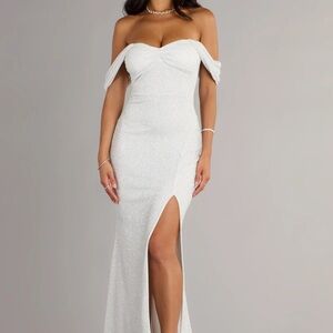 Tamara Off-The-Shoulder Mermaid Glitter Formal White Dress